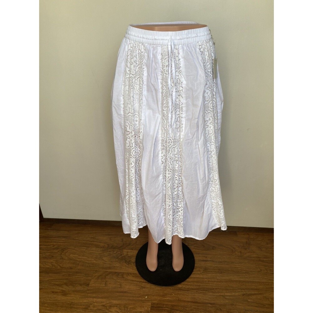 J Gee Elastic Waist Lace Detail Boho 100% Cotton Skirt - White, Small